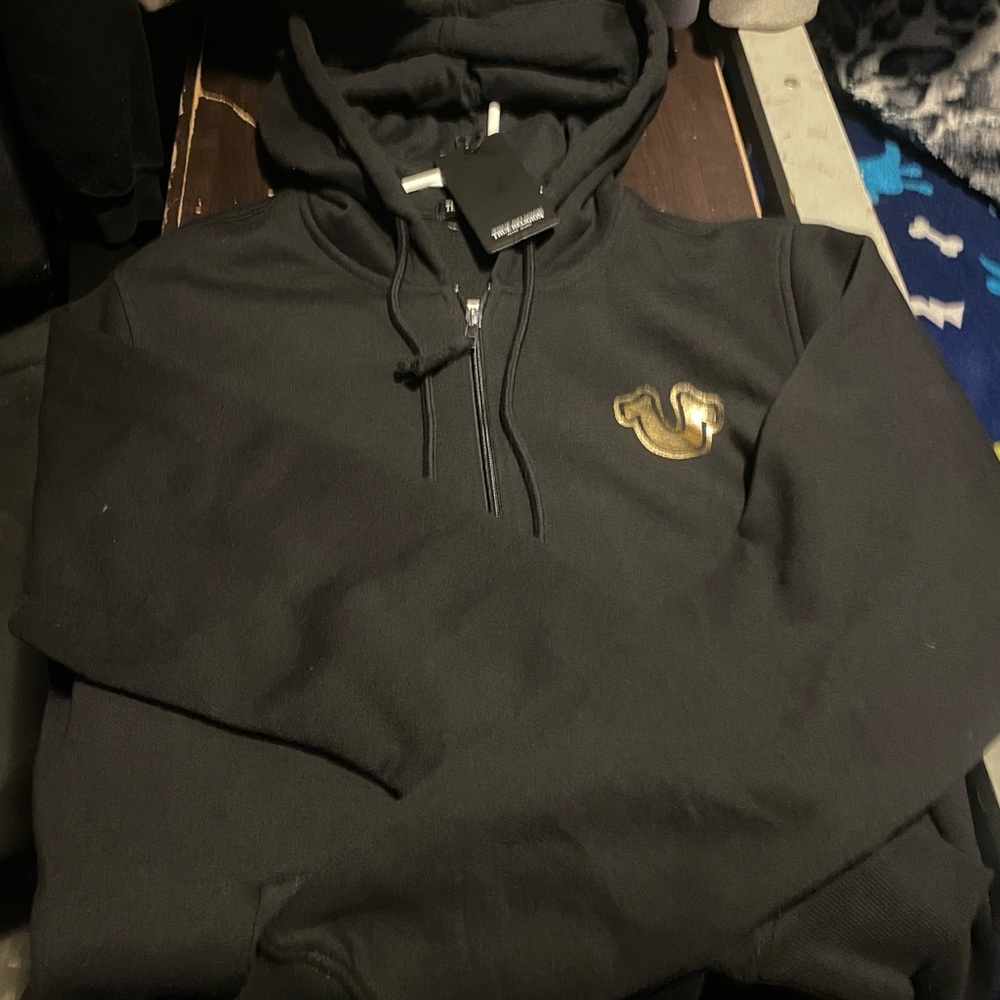 True Religion Black and Gold Zip Up Sweater